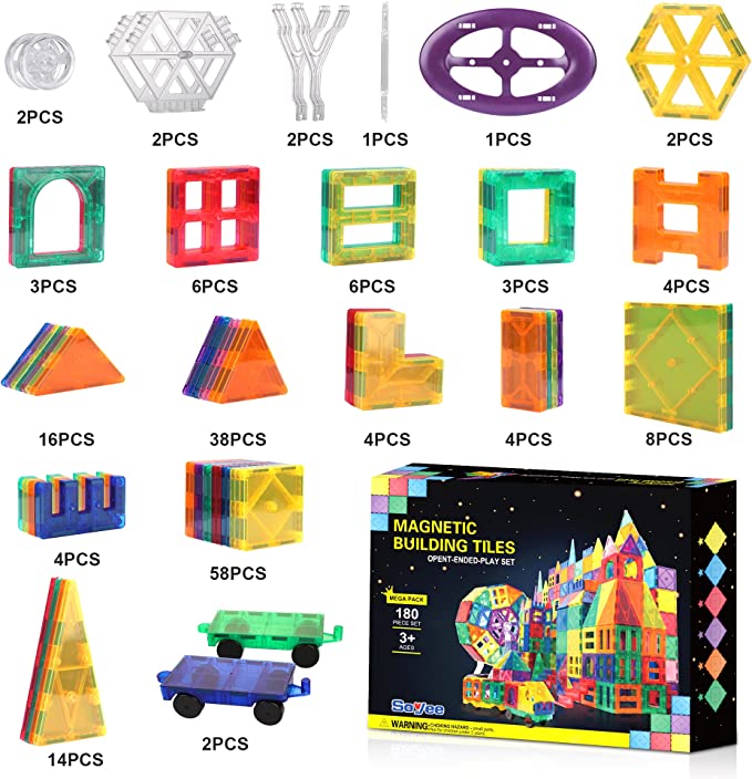 Huge Pack 180PCS Magnetic Tiles Set Compatible Magnet Toys with Ferris Wheel and Cars - Magnetic Blocks STEM Learning Building Construction Toddler Kids Toys for 3+ Year Old Boys and Girls