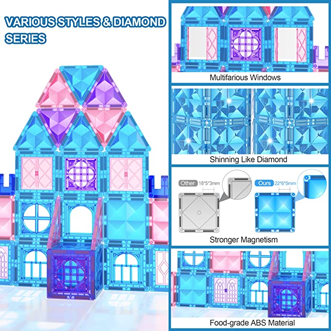Diamond Magnetic Tiles 102pcs, Magnetic Building Blocks Princess Pretend Play Toys for Kids, Learning Toys for 3+ Year Old Girls & Boys, 3 4 5 6 7 8 Year Old Girl Birthday Gifts