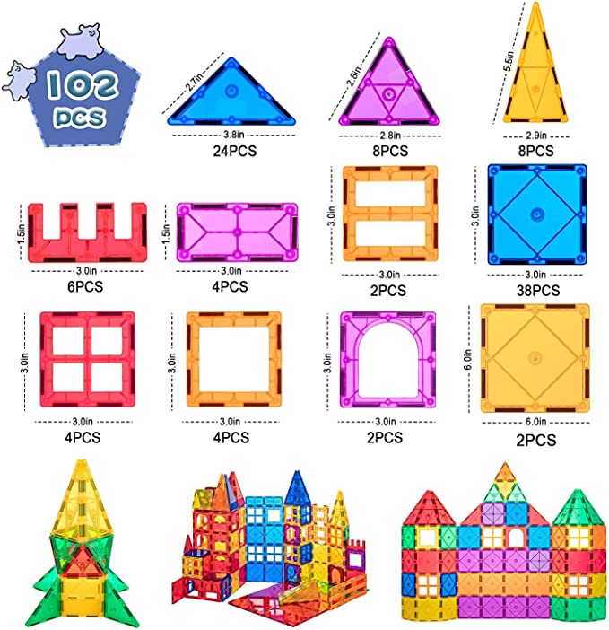 Compatible Magnetic Tiles Building Blocks STEM Toys for 3+ Year Old Boys and Girls Learning by Playing Montessori Toys Toddler Kids Activities Games - 102pcs Advanced Set