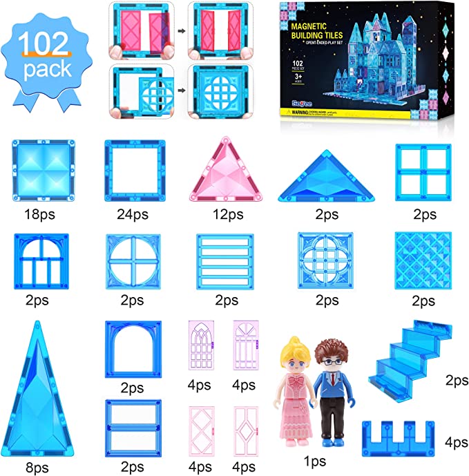 Diamond Magnetic Tiles 102pcs, Magnetic Building Blocks Princess Pretend Play Toys for Kids, Learning Toys for 3+ Year Old Girls & Boys, 3 4 5 6 7 8 Year Old Girl Birthday Gifts